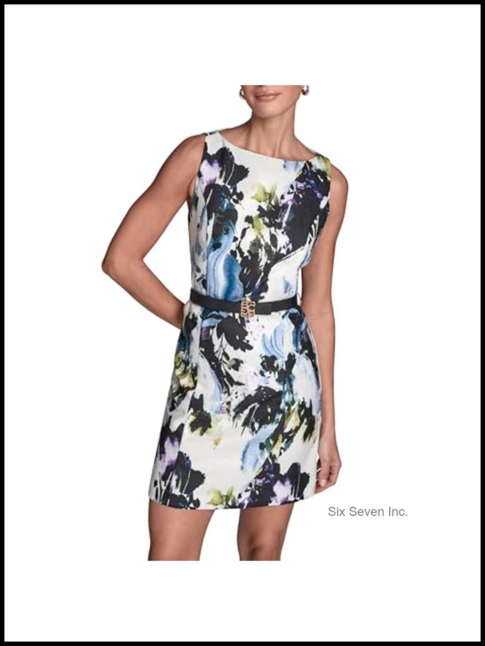 BCBG Sleeveless Belt Floral Aline Boat Neck Dress 100% Polyester Dry Clean